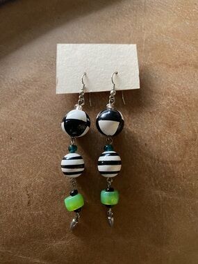 Black & White Striped Bead Dangle Earrings with Lime Green Accent